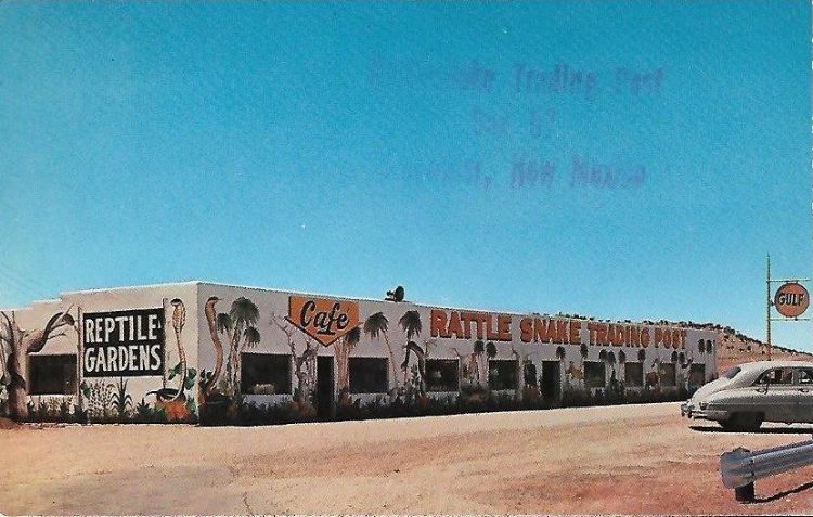 JAKE ATKINSON'S RATTLE SNAKE TRADING POST AT BLUEWATER, NEW MEXICO. C.1952